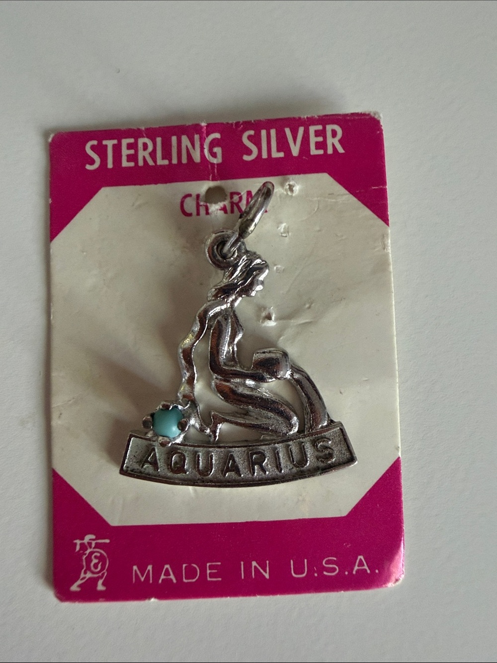 Sterling Silver Aquarius Zodiac Charm Pendant in Silver with Turquoise Accent
